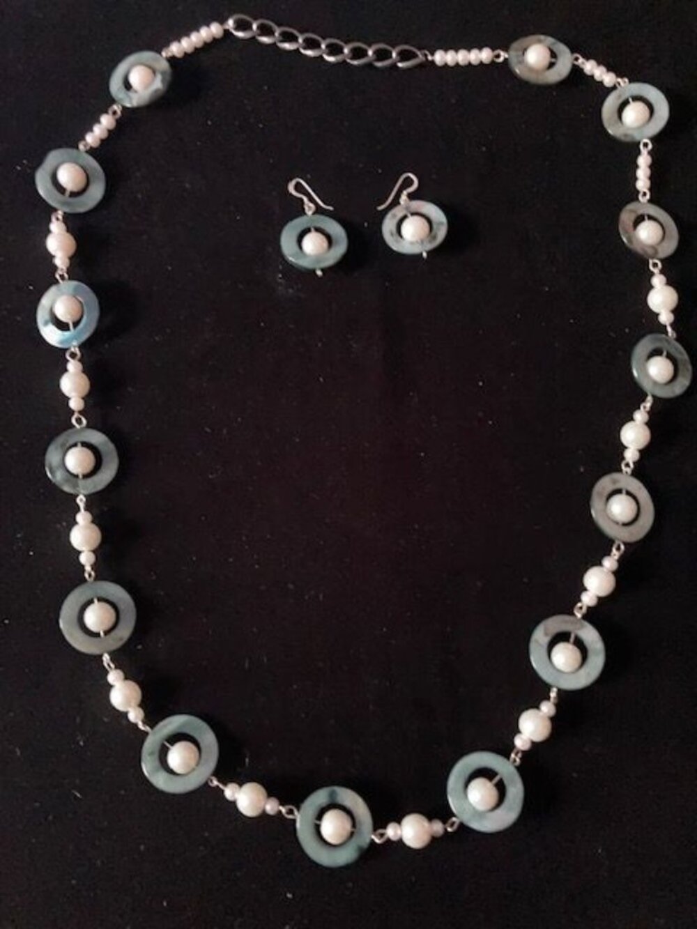 Gray and White Beaded Necklace and Earring Set